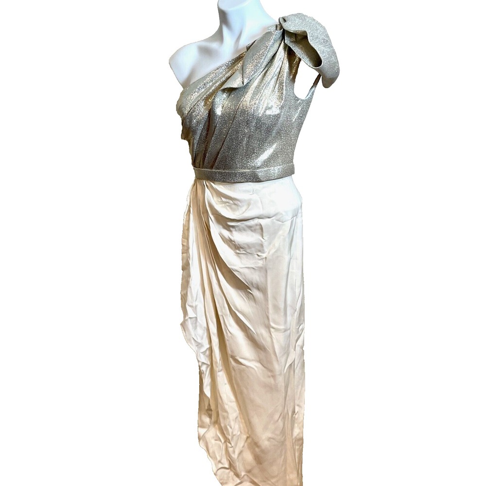Marchesa Lamé Cocktail Gown Dress Size 0 Gold One Shoulder Silk Draped‎ Bodice